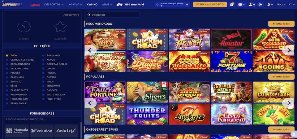 Captura de ecrã da página do casino Sapphirebet